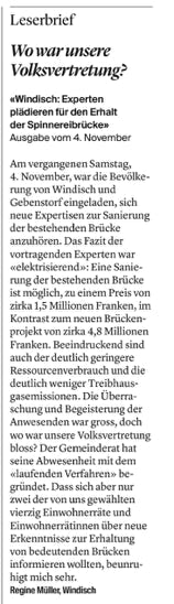 Leserbrief, Regine Müller, Aargauer Zeitung, 8. November 2024